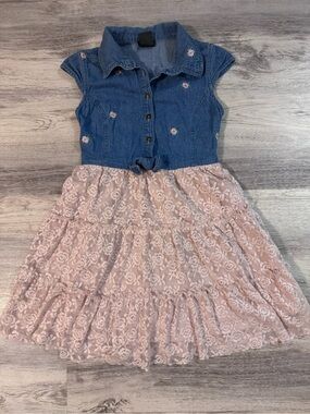 Zunie Denim Top with Pink Lace Tiered Skirt Kids Dress